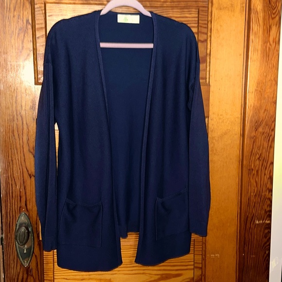 Navy Blue open Ribbed Cardigan with two pockets at the hem size L 12-14 - Picture 1 of 7